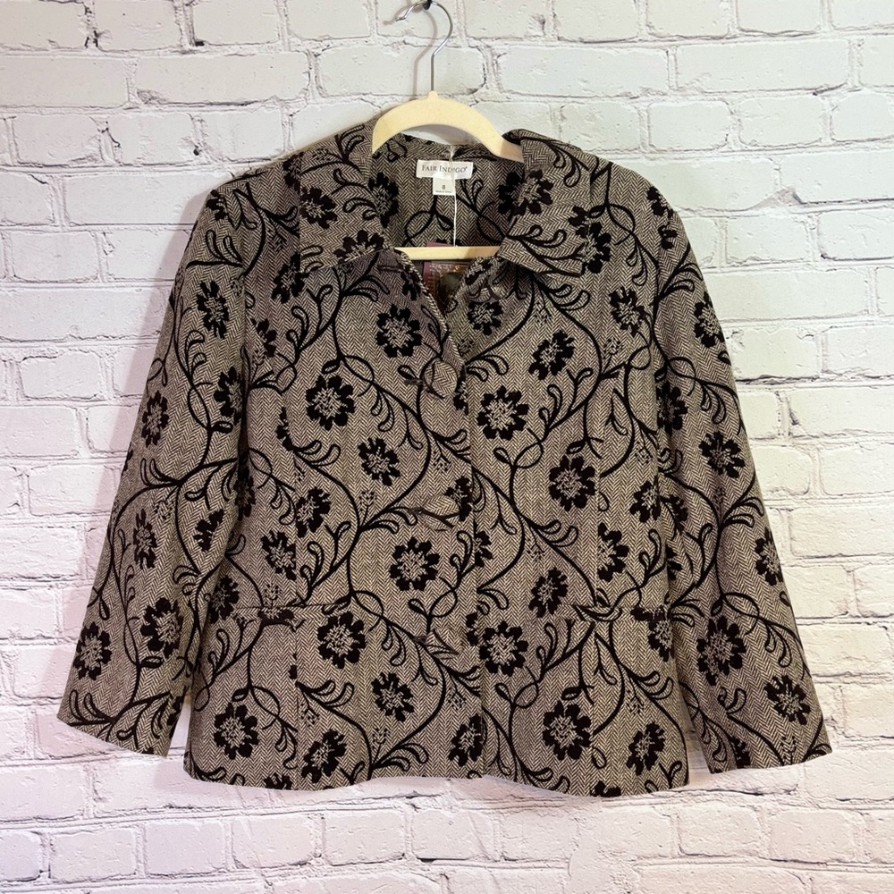 NWT Fair Indigo Black Floral Patterned Women's Beige Jacket Size 8